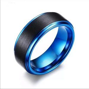 New Trendy Men's Black Blue Stainless Steel Ring